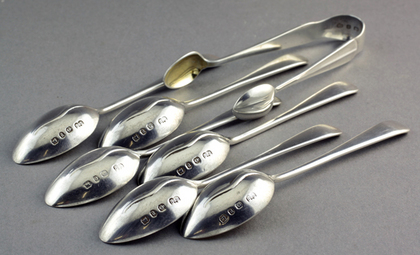 Wavy Rat Tail Hanoverian Victorian Silver Coffee Spoons (6) and Sugartongs Set